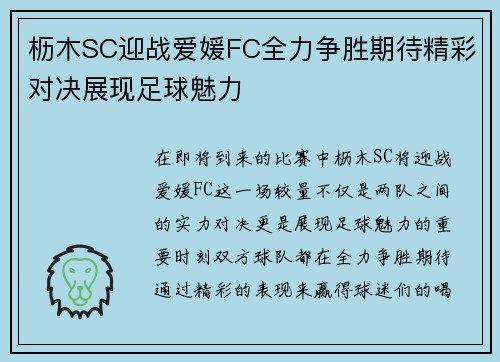 枥木SC迎战爱媛FC全力争胜期待精彩对决展现足球魅力